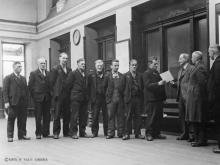 Along with fellow Broch drivers , Mr John Howatt receives his award for another year's perfect road safety at the end of the LNER era. Mr Howatt retired in the 60's with an unblemished record for safety.