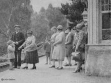 Station master Alexander Collie Roy and passengers at Cambus O'May in 1928