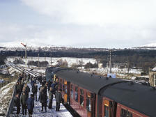 A photo stop at Grantown East in the winter sun by the final passenger train on the Speyside line 2 Nov 1968