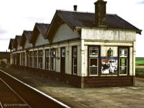 Tillynaught viewed from a train in 1967, three totems and a box sign survive, a young forest now grows here