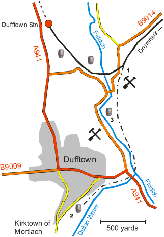 Dufftown Kirktown of Mortlach A941 B9014 Drummuir Dufftown Stn. Fiddich Fiddich 500 yards B9009 A941 Dullan Water 1 3 2